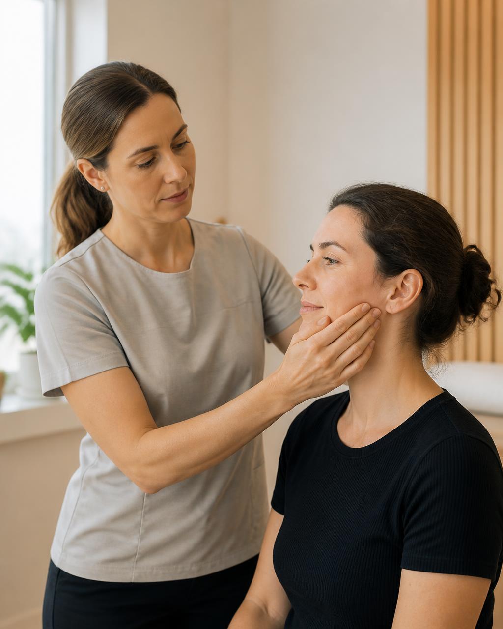 Physiotherapist gently assessing a patient's jaw during a TMJ physiotherapy appointment